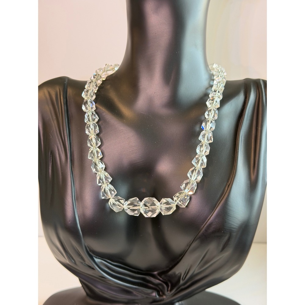 Vintage Clear Faceted Crystal Bead Choker Necklace Sterling Silver Clasp 13in